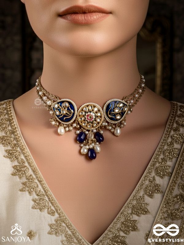 NILACHANDRIKA- MOONLIGHT OF THE BLUE SKY- KUNDAN NECKLACE WITH DEEP BLUE ENAMEL WORK WITH GOLDEN DETAILS, PEARLS, AND DAZZLING GEMS