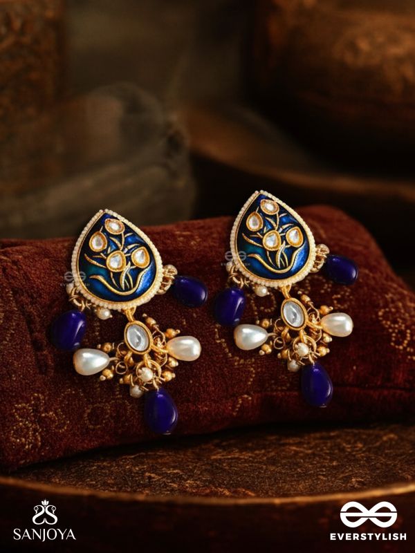 NILACHANDRIKA- MOONLIGHT OF THE BLUE SKY- KUNDAN EARRINGS WITH DEEP BLUE ENAMEL WORK WITH GOLDEN DETAILS, PEARLS, AND DAZZLING GEMS