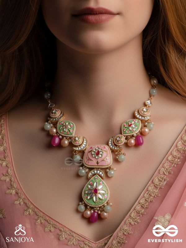 MADHUBHUSHANA - ADORNED WITH SWEETNESS - HANDCRAFTED KUNDAN ENAMEL NECKLACE WITH PEARL AND GEM DROPS