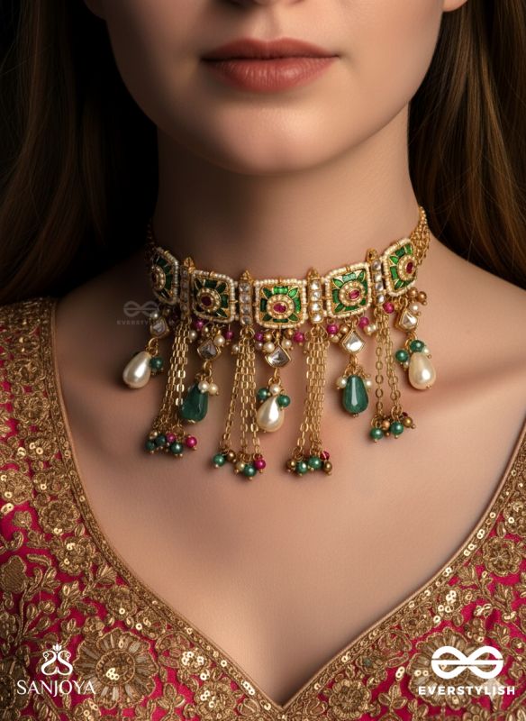 RANIRAGA - QUEEN’S MELODY- EXQUISITE KUNDAN NECKPIECE WITH FLORAL ENAMEL WORK, BEADS AND PEARLS