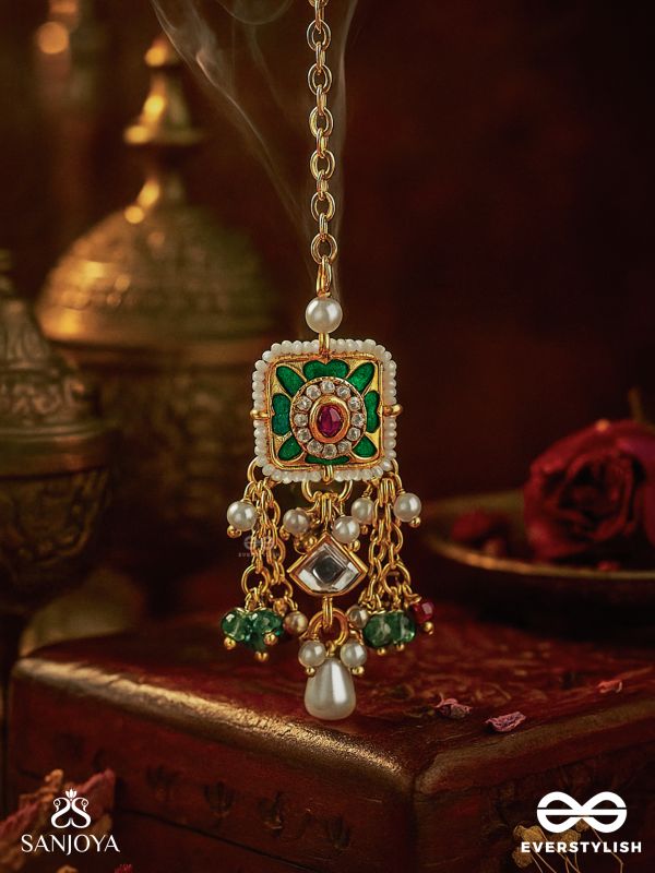 RANIRAGA - QUEEN’S MELODY- EXQUISITE KUNDAN MAANGTIKA WITH FLORAL ENAMEL WORK, BEADS AND PEARLS
