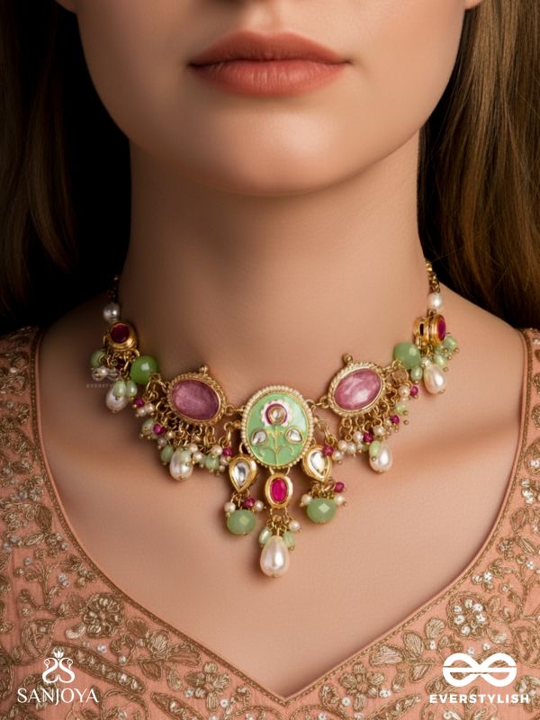 KARUNYA - GRACEFUL AURA- INTRICATE KUNDAN ENAMELLED NECKPIECE WITH PEARLS, BEADS AND GEMSTONES