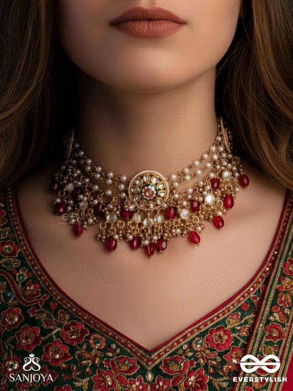 TRIBANDHURA - THREE-STRANDED BEAUTY- TRIPLE-CHAIN KUNDAN NECKPIECE WITH FLORAL ENAMELLED MEDALLIONS AND RUBY DROPS