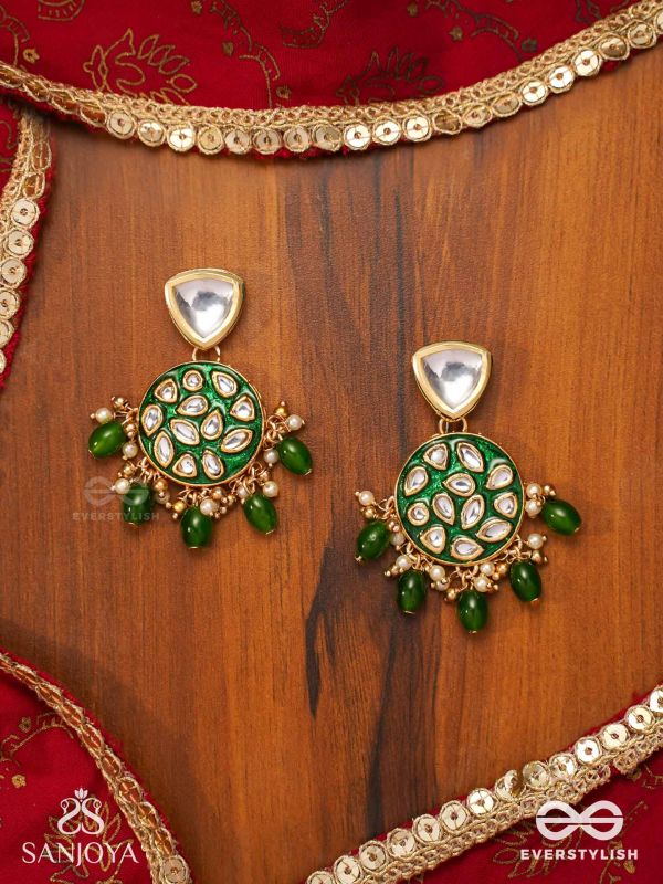 ARUNODAYA - DAWN RAYS- SYMMETRICAL KUNDAN POLKI EARRINGS WITH EMERALD GREEN ENAMEL ACCENT, PEARLS AND BEADS
